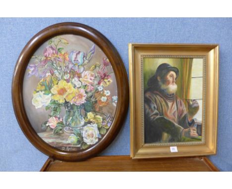 M. Benz, portrait of an old fisherman, oil on canvas and another oil, still life
