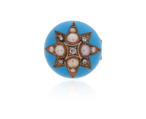 A Victorian diamond and seed pearl brooch, the star motif set with seed pearls and rose-cut diamonds with blue enamel decorat