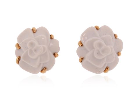 A pair of ceramic flowerhead earrings by Chanel, mounted in 18ct yellow gold, signed and with inventory number 6F308. 2.5cm w