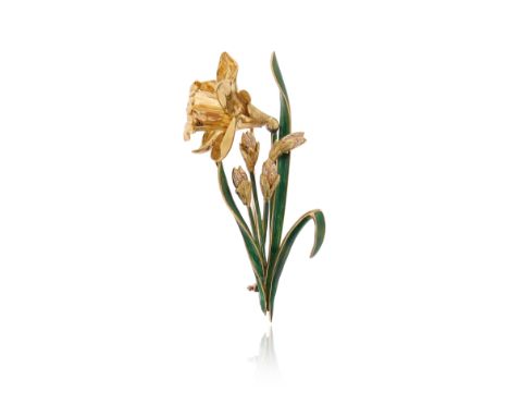 A diamond-set gold daffodil brooch, set with circular-cut diamond and with green enamel decoration in gold, 6cm high, case by
