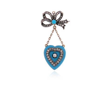 A Victorian diamond and enamel heart brooch pendant, the diamond and turquoise-set bow suspends a blue enamel heart locket pe