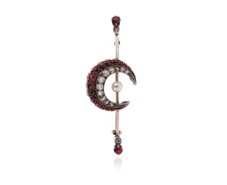 A Victorian ruby and diamond crescent brooch, set with graduated rubies and diamonds and a seed pearl on a gold bar brooch wi