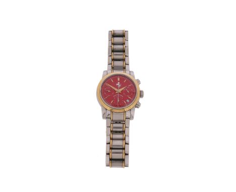 A steel and gold wristwatch by Girard-Perregaux for Ferrari, the signed red enamel dial with Ferrari prancing white horse, go