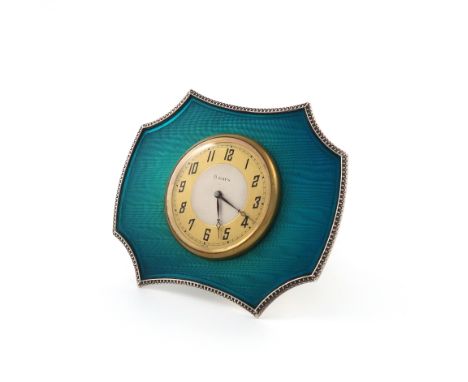 A silver and enamel strut clock, by Williams Limited, Birmingham 1923, shaped rectangular form, dark turquoise enamel decorat