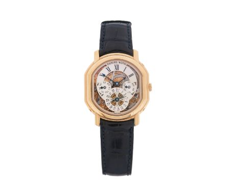 A Gentleman's gold 'Instantaneous' perpetual calendar wristwatch by Daniel Roth, the signed skeletonised dial with black Roma