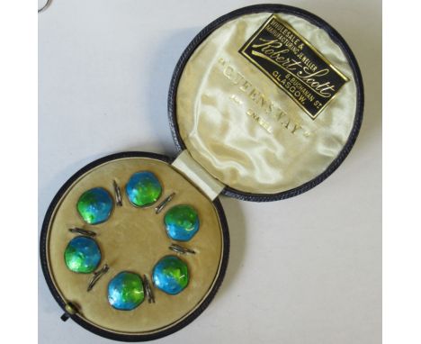 A set of six sterling silver and enamel buttons, in a fitted case marked Queensway Art Enamel