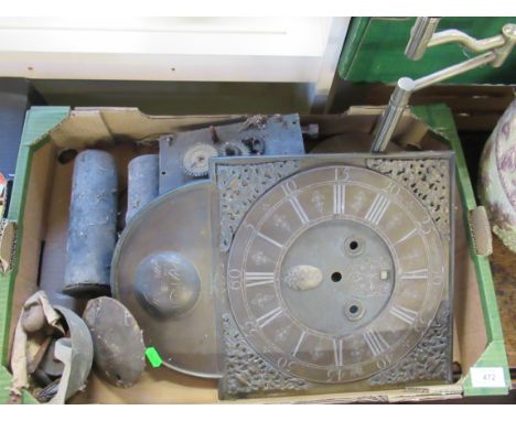 A long case clock dial, movement, weights etc