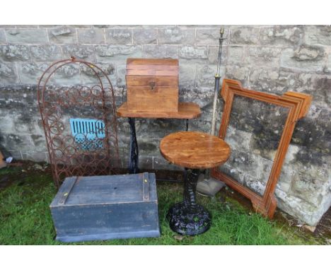 A collection of sundry furniture to include wine rack, trunk frame, standard lamp, pub table etc&nbsp;