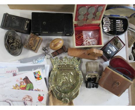 A collection of items, to include vintage children's toys, first day cover stamps, prints, opera glasses, cameras etc