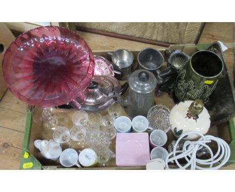 A box of assorted items, to include glasware, lamp, metalware Nao duck etc, together with another box including collectors pl