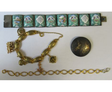 A 9ct gold oval link bracelet, weight 6.3g, together with an enamel bracelet, a niello bracelet and a brooch