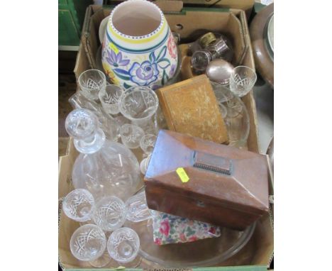 A box of mixed items to include a Poole pottery vase, glasses napkin rings etc