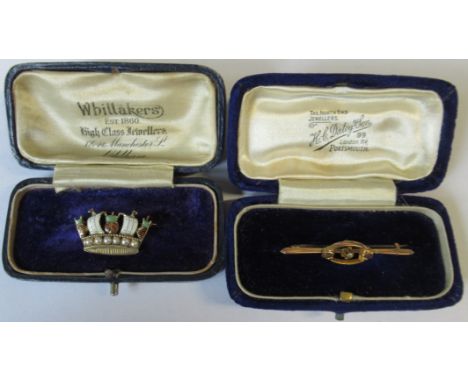 A 9ct Naval Coronet brooch, set with seed pearls and enamel detail, together with a 9ct gold brooch set with diamonds, total 