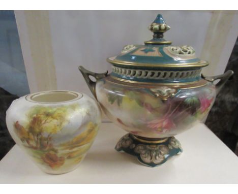 A Hadley's Worcester Pot Pourri decorated with flowers height 6ins, together with a Royal Worcester vase decorated with highl