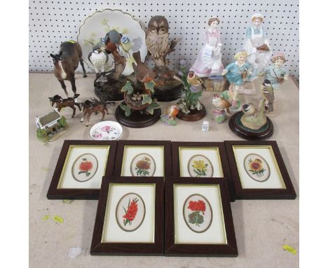 A collection of models, to include Royal Worcester figures, birds, etc, 3 Beswick horses and other decorative china and frame