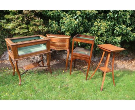 A collection of furniture to include Arts and Crafts oak occasional table, two Edwardian Bijouterie tables, missing glass pan