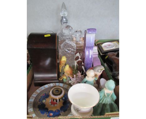 A box of assorted china, to include Royal Worcester, glass decanters, mantel clock etc