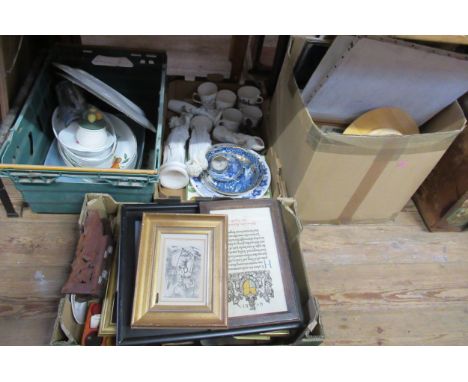 Four boxes of sundries, to include, pictures, tools, porcelain etc