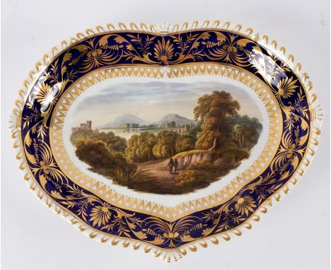 A Derby leaf-shaped dessert plate painted a scene in Germany, inscribed in red script on the reverse, 28cm wide CONDITION REP