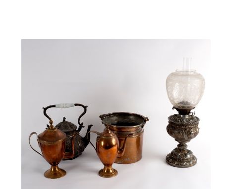 A Victorian lamp with engraved glass shade, a tea kettle, copper pail and two copper coffee pots