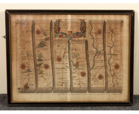 John Ogilby (Scottish 1600-1676)/The Road from Bristoll to Worcester/hand coloured engraved map, 31.5cm x 44.5cm