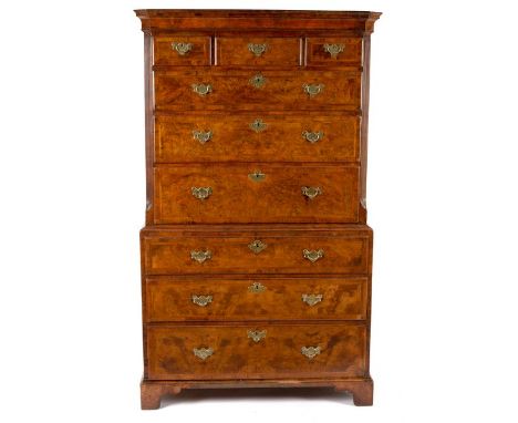 A George II walnut chest on chest, fitted six long and three short drawers, on bracket feet, 102cm wide/see illustration COND
