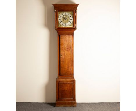 An early 19th Century oak longcase clock, fitted an associated square brass dial, Jno Weller London, with seconds and date ap