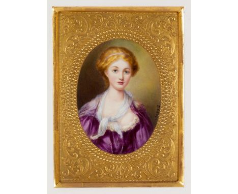 R E Hague, a porcelain portrait plaque depicting a young girl wearing a purple dress within a gilded border, signed, oval, 20