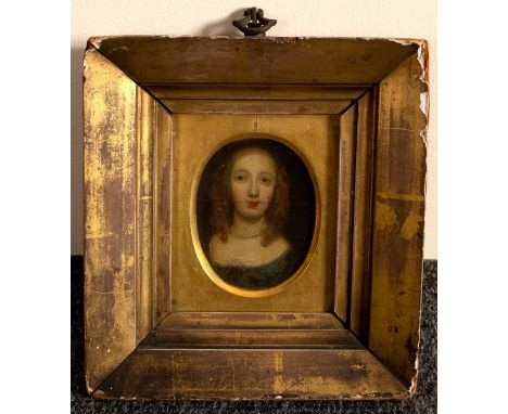 17th Century English School/Portrait Miniature of a Young Girl/head and shoulders, wearing a blue dress with brown hair/oil o