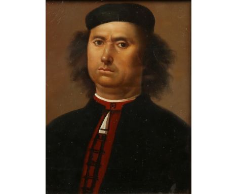 After Pietro Perugino/Portrait of Francesco Delle Opere/half-length, wearing a black doublet and cap/oil on board, 25.5cm x 1