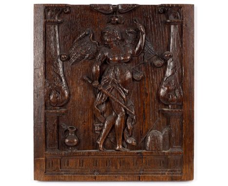 A 17th Century carved oak panel depicting a figure of Justice holding scales and a sword, 39cm x 35cm/see illustration