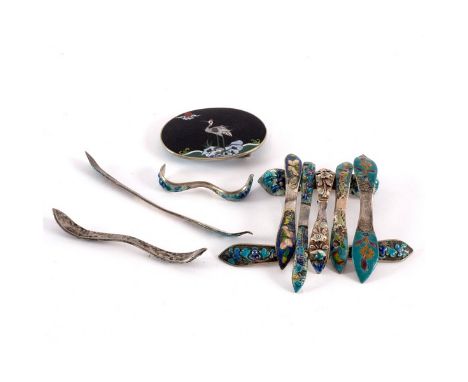 A group of Chinese export silver and enamel hair ornaments, mostly marked with chop marks, two adapted as a brooch and a Japa