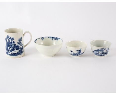 A Worcester 18th Century blue and white tankard, 9cm high, two tea bowls and a sugar bowl CONDITION REPORT: The mug with a gl