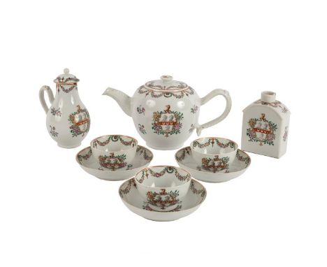 A Chinese famille rose armorial porcelain part tea service, Qianlong Period, circa 1760, comprising, a teapot and cover, thre