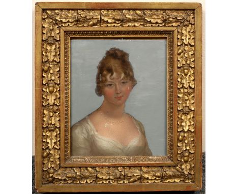 Early 19th Century English School/Portrait of a young Lady/head and shoulders/oil on metal, 14cm x 11.5cm 