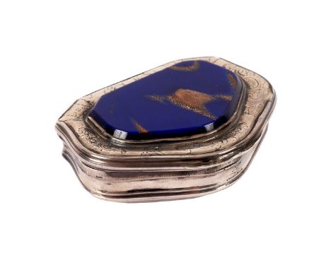 A George II silver and aventurine glass snuff box, probably Lewis Morel, London 1740, of cartouche shape with hinged cover, 7