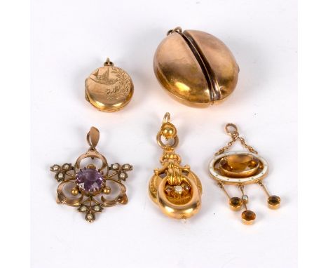An enamel and citrine pendant, the oval citrine above three citrine drops, an amethyst and pearl pendant, another pendant and