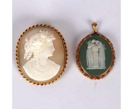 A shell cameo brooch depicting a Classical lady in profile in a 15ct gold frame, 5cm x 4.5cm and a Wedgwood oval green jasper