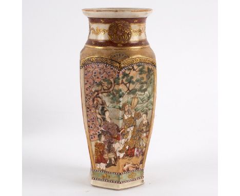 A Japanese Satsuma hexagonal vase, painted with panels of figures, Meiji period 17.5cm high