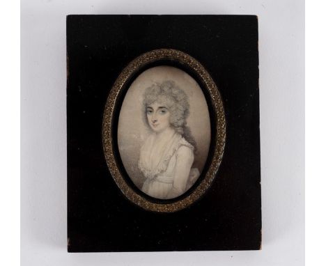 Late 18th Century English School/Portrait Miniature of a Lady/half-length, wearing a white dress/watercolour on ivory, 7.5cm 