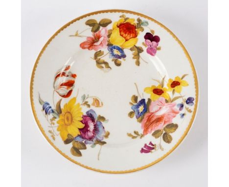 A Derby plate painted summer flowers within a gilt border, 18cm diameter CONDITION REPORT: Glaze crazing with small patch of 
