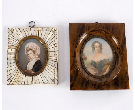 Early 20th Century French School/Portrait Miniature of a Young Lady/half-length, wearing a blue and yellow dress/signed Gerar