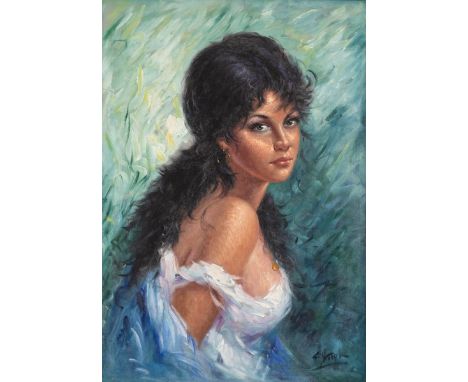 Gaetano Vitale (Italian 20th Century)/Portrait of a Young Woman/head and shoulders in a white dress/signed lower right/oil on