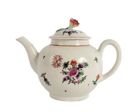 An 18th Century Worcester bullet-shaped teapot and cover with floral decoration, 10cm high/see illustration CONDITION REPORT: