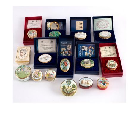 Sixteen Halcyon Days enamel boxes, including limited edition examples some with original boxes CONDITION REPORT: Wimbledon bo