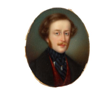 19th Century English School/Portrait Miniature of a Gentleman/head and shoulders, wearing a black coat, red embroidered waist
