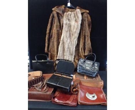 A COLLECTION OF VINTAGE HANDBAGS, OSPREY, BALLY Corde, a music case and others and a fur coat and a fur stole