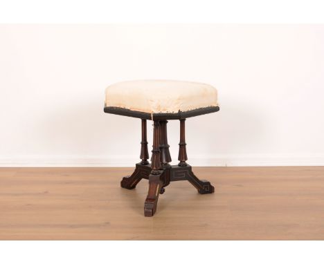 A VICTORIAN EBONISED AND PARCEL GILT PIANO STOOL in the manner of Lamb of Manchester, the octagonal seat on turned supports a