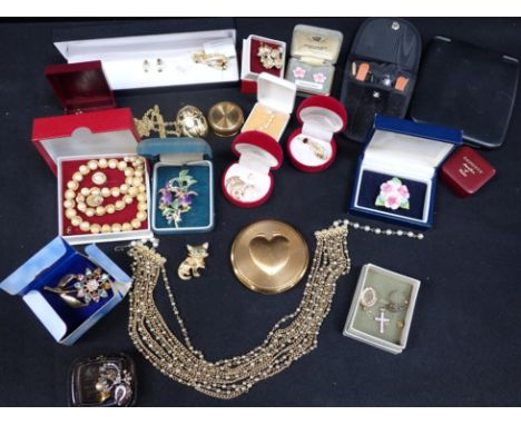 A COLLECTION OF COSTUME JEWELLERY and other jewellery including rings, brooches, earrings, necklaces, pill boxes, a compact, 