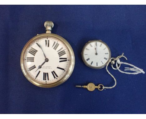 A SILVER OPEN-FACE POCKET WATCH with key-wind movement, the white enamel dial with black Roman numerals and dark blue steel h